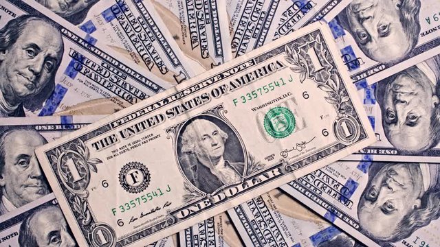 100 and 1 usd new notes bills rotating, 4k studio shot
