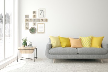 White living room with sofa. Scandinavian interior design. 3D illustration