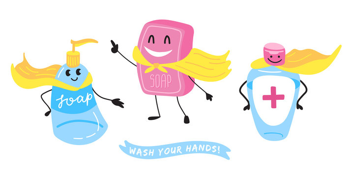 Vector set of cartoon soap and sanitizer, cheerful characters
