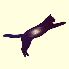 Vector illustration, concept silhouette of a cat at the time of the jump, inside of which space, stars, spiral galaxy. Pastel yellow color background. Copyspace.