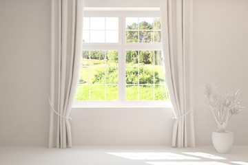 Stylish empty room in white color with summer landscape in window. Scandinavian interior design. 3D illustration