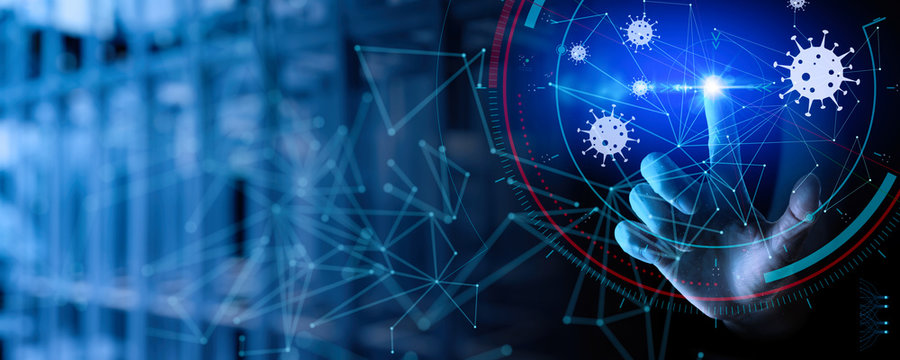 Medical science nurse working with modern computer in the laboratory with a biological AR for analysis and sampling of Covid-19 infectious disease.