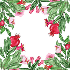 Fototapeta na wymiar Watercolor frames with pomegranate for wedding cards, romantic prints, fabrics, textiles and scrapbooking.