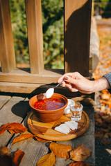 Beet soup called borsch, borscht, borche or borshtch. Traditional Ukrainian cusine, soup, sour...
