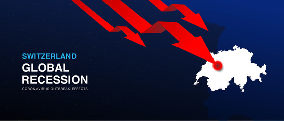 Switzerland global recession design vector background template with red arrow graph. Coronavirus outbreak effects on world economic. Covid-19 pandemic