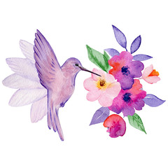 Cute watercolor hand drawn illustration of flowers and birds isolated on a white background, for Valentine's Day greeting card, wedding card, romantic prints and scrapbooking.