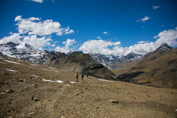 Mountains landscapes and trekkers from Cordillera Real, Andes, Bolivia