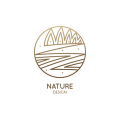 Vector logo of nature in linear style. Outline icon of landscape with river, trees, outdor - business emblems, badge for a travel, farming and ecology, agricalture, spa and recycle
