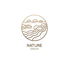 Vector logo of nature in linear style. Outline icon of landscape with river, trees, outdor - business emblems, badge for a travel, farming and ecology, agricalture, spa and recycle