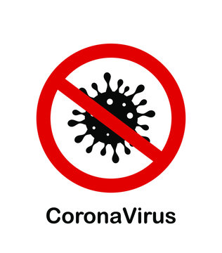 Vector black Сoronavirus Bacteria Cell in red prohibit circle icon emblem.Stop sign  design.Covid-19.Don't panic.Stay healthy and safe.
