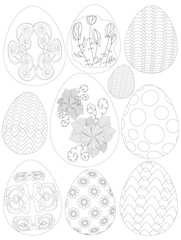 a set of painted Easter eggs. black and white outline drawing by hand. coloring pages for children and adults.