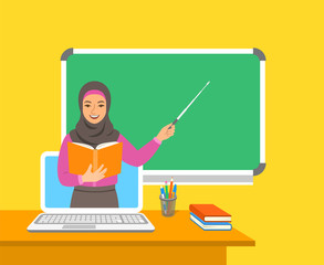 Online education concept. Home education at quarantine. Distance learning by computer. Muslim arab woman teacher in virtual class holds open book and points to blackboard. Cartoon vector illustration
