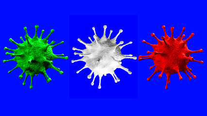 3D rendering, three coronavirus cells green,white,red italian fl