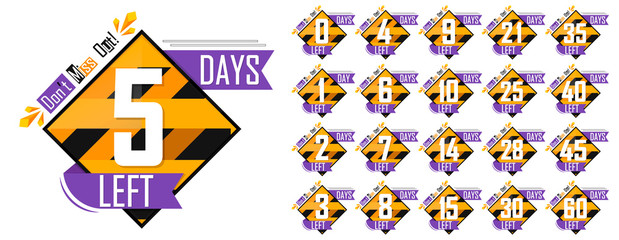 Set countdown tags, number days left banners design template, vector illustration