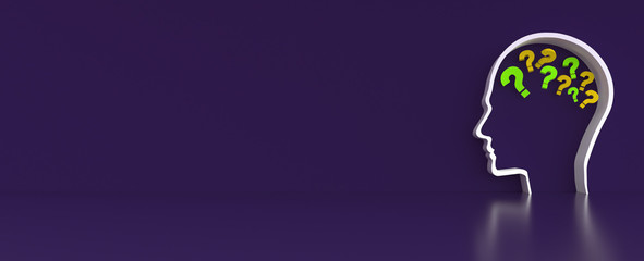 question mark in Human Head outline in front of a color wall background. Business support concept