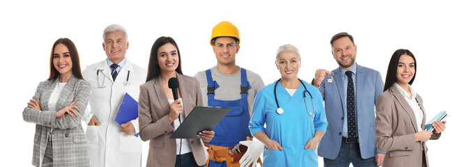 Collage with people of different professions on white background. Banner design