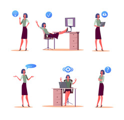 Office worker business day set. Business woman meditating at workplace, using laptop, speaking, asking, having idea. Business concept. illustration for posters, presentations, landing pages