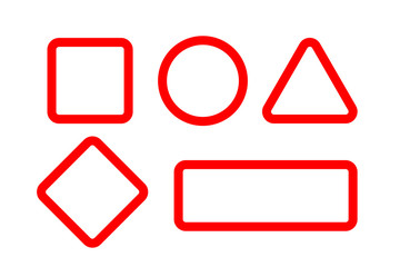 Vector Illustration red blank geometrical frames set. Design templates of rectangle, square, rhombus, triangle and circle isolated on white background