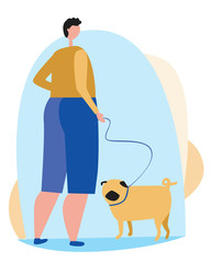 Pug and a young guy or man as a concept person looks like a pet, flat vector stock illustration with a dog and owner for a walk