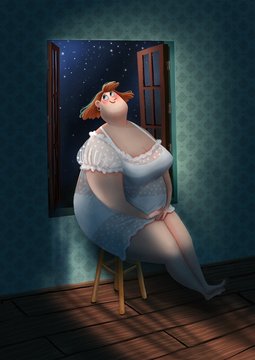 Chubby girl sitting at the window in the moonlight