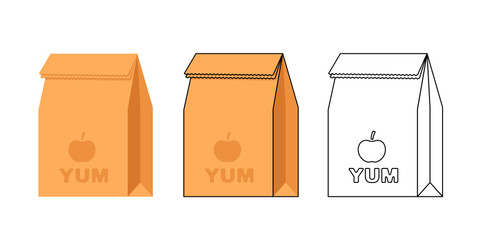 Lunch bag flat vector illustration. Set of three illustrations in different styles.