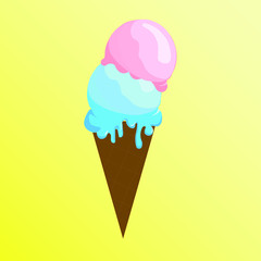 ice cream cone with yellow pastel background. Tasty colorful ice cream for summer decorative, mint, strawberry, sweets, dessert, web design or print. Vector Illustration.