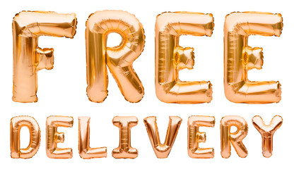 Golden words FREE DELIVERY made of inflatable balloons isolated on white background. Gold foil...
