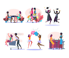 Fototapeta premium Female friends activities set. Women drinking coffee, doing shopping, graduating, having fun together. Friendship concept. illustration for posters, presentations, landing pages