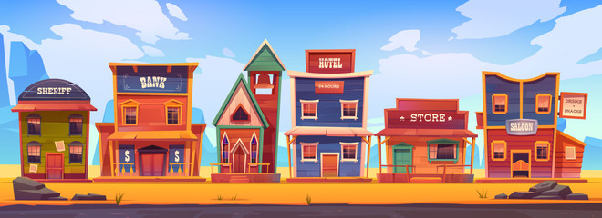Western town with old wooden buildings. Wild west landscape for game gui. Vector cartoon illustration of wild west city street with catholic church, saloon, sheriff office, bank, hotel and store - obrazy, fototapety, plakaty