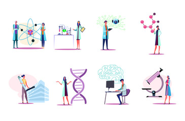 Men and women in white coats working in lab set. Doing research, standing near molecule model, microscope, circuit board. Science concept. illustration for posters, presentations, landing pages