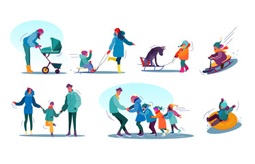 Fototapeta na wymiar Children and families winter activities set. People sledging, skating, walking with dog. Activity concept. illustration for topics like vacation, winter, entertainment