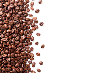 Coffee beans top view. Place for text, copy space.