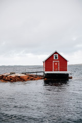Beautiful red fishing stage in Fogo Island, Newfoundland