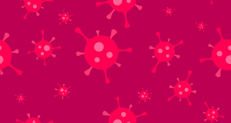 Coronavirus or Flu Virus Seamless Background in red pink color. Vector looped Texture illustration in Cartoon Flat style for design of Web site or Placard.