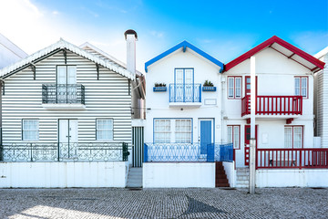 Cute facades of houses. Costa Nova Beach, Aveiro