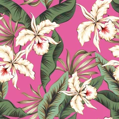Wallpaper murals Orchidee Tropical orchid flowers, green banana palm leaves, pink background. Vector seamless pattern. Jungle foliage illustration. Exotic plants. Summer beach floral design. Paradise nature