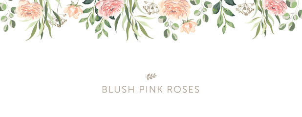 Border of blush pink rose flowers, forest green leaves, white background. Wedding invitation banner frame. Vector illustration. Floral arrangement. Design template greeting card
