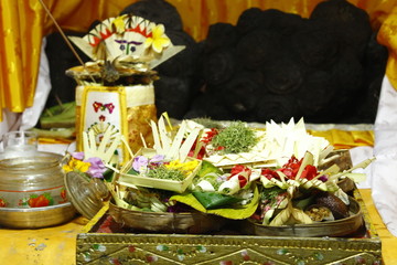 Offers to the gods in Goa Gajah Induist temple, Bali, Indonesia