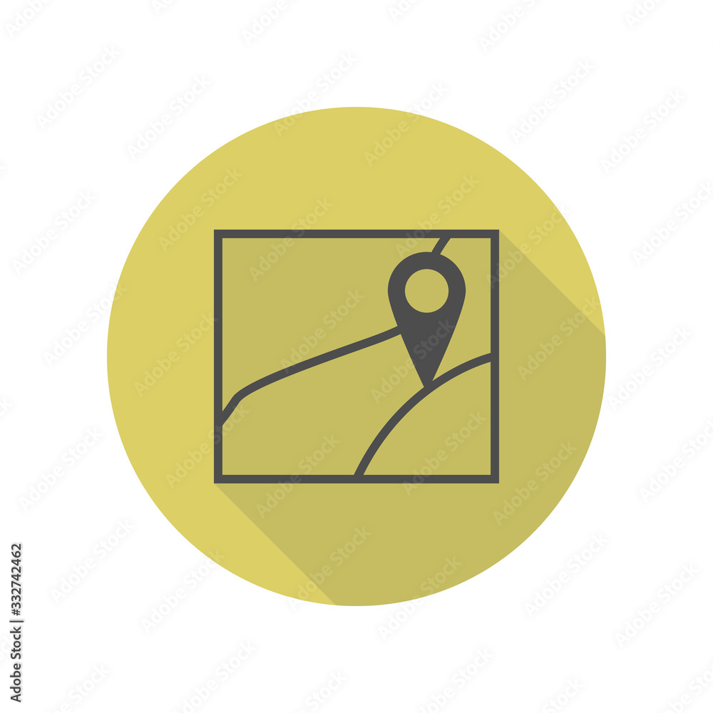 Poster pin on the map long shadow icon. simple glyph, flat vector of web icons for ui and ux, website or mo