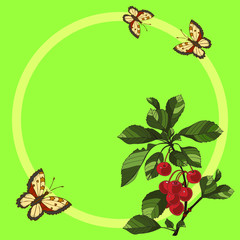 vector round frame for greeting with a cherry and a butterfly