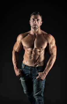 Sex appeal. Sexy man shirtless black background. Athletic guy with sexy bare torso. Wellness and bodycare. Bodybuilding and fitness. Attractive and sexy. Healthy is sexy