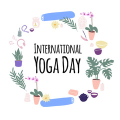 illustration of International Yoga Day wreath with candles, yoga mat, aroma lamp, orchid, lotus, rosary, buddha, teapot and cups in cartoon style