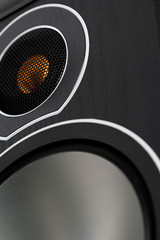 Wooden audio speaker close-up