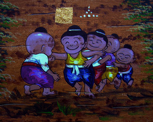 Art painting oil color children playing From Thailand
