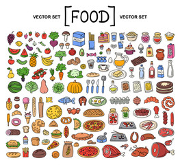 Vector cartoon set on the theme of food. Isolated colored doodles of fruits, vegetables, bakery products, meat, sausage, grocery on white background. Hand drawn elements