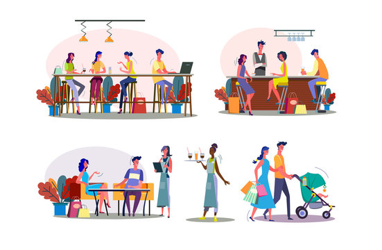 Leisure time together illustration set. Family couple walking with child, friends meeting in bar or cafe. Communication concept. illustration for banners, posters, website design