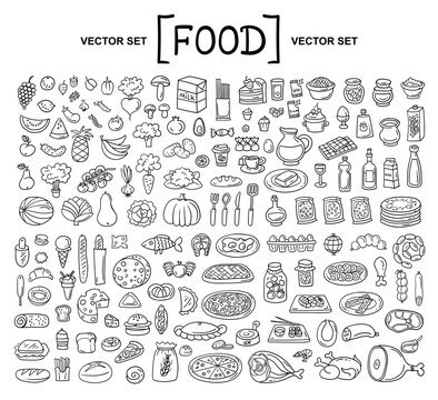 Vector cartoon set on the theme of food. Isolated doodles of fruits, vegetables, bakery products, meat, sausage, grocery on white background. Hand drawn elements