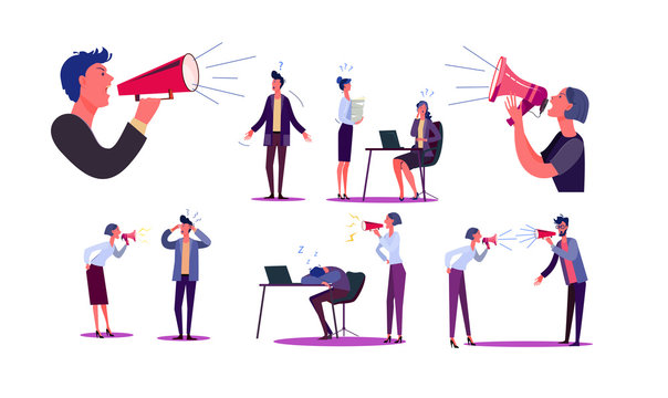 Set of people shouting at each other. Group of workers yelling with loudspeaker. Work quarrelling concept. illustration can be used for presentation, project, webpage