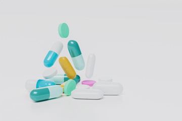 Medicine capsule and pills fall of isolted on white background. 3D illustration. Medicine concept...