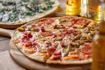 Pizza and beer close up
